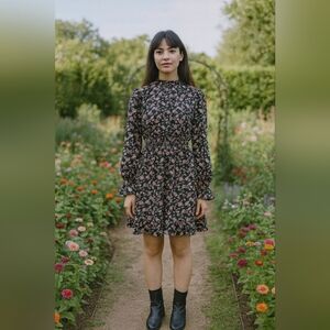 Large Floral Long Sleeve Dress Feminine Cottagecore Ruffle Flowy Peasant Smocked